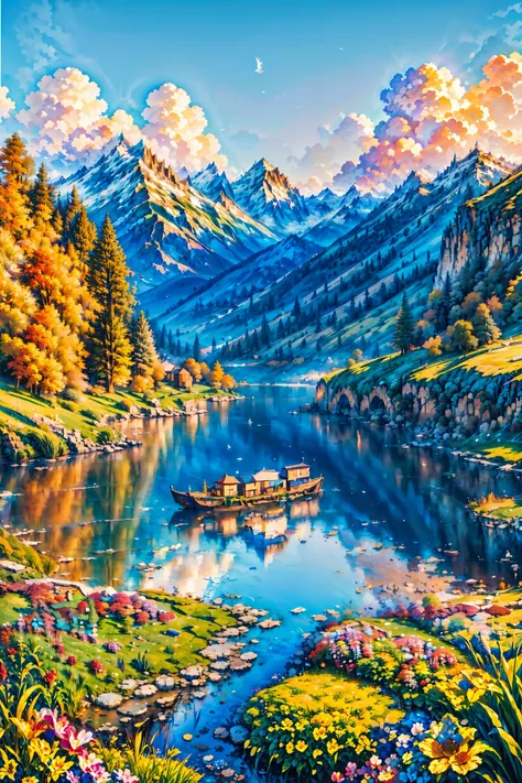 a painting of a boat floating on a lake surrounded by mountains