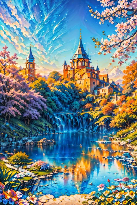 a painting of a castle in the middle of a lake