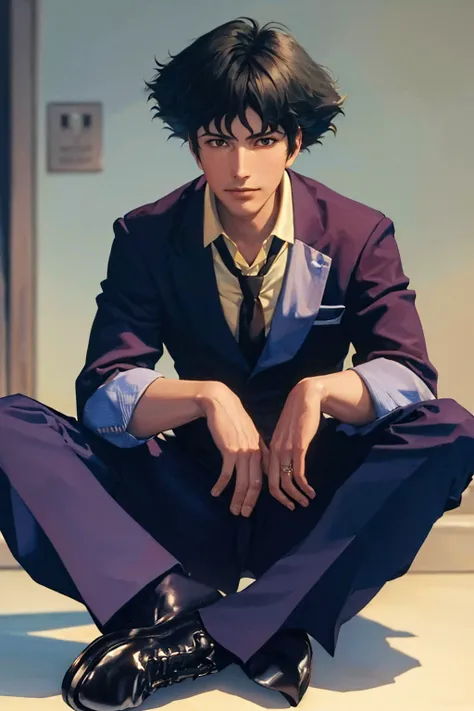 (masterpiece, best quality:1.2), solo, male focus, 1boy, spikespiegel, expressionless, looking away, sitting, crossed legs, arms behind head, formal, suit, jacket, necktie, pants, shoes <lora:cowboybebop_spike-10:1>