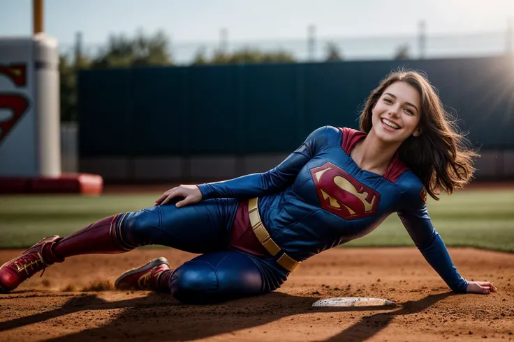 DC movies,full body,photo of a 18 year old girl,supergirl,sliding in a baseball game,happy,laughing,ray tracing,detail shadow,shot on Fujifilm X-T4,85mm f1.2,sharp focus,depth of field,blurry background,bokeh,motion blur,<lora:add_detail:1>,