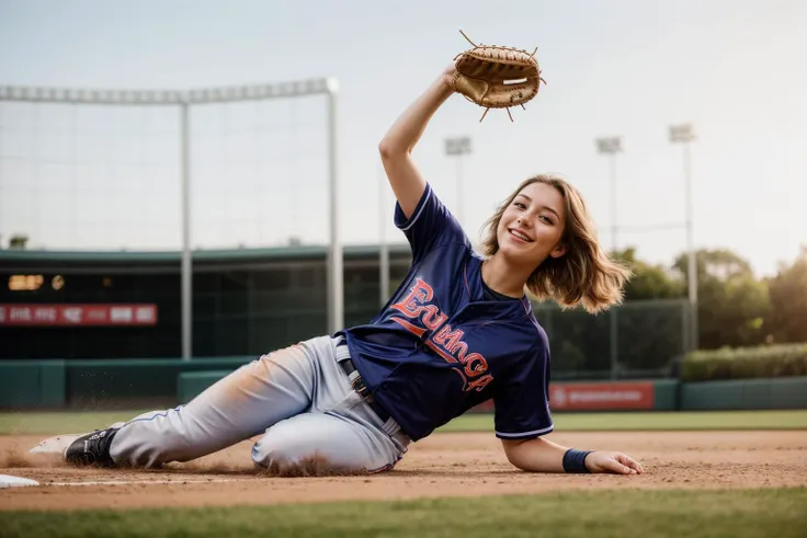 photo of a 25 year old girl,sliding in a baseball game,happy,ray tracing,detail shadow,shot on Fujifilm X-T4,85mm f1.2,sharp focus,depth of field,blurry background,bokeh,lens flare,motion blur,<lora:add_detail:1>,