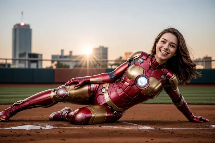 Marvel movies,full body,photo of a 18 year old girl,ironman,sliding in a baseball game,happy,laughing,ray tracing,detail shadow,shot on Fujifilm X-T4,85mm f1.2,sharp focus,depth of field,blurry background,bokeh,motion blur,<lora:add_detail:1>,