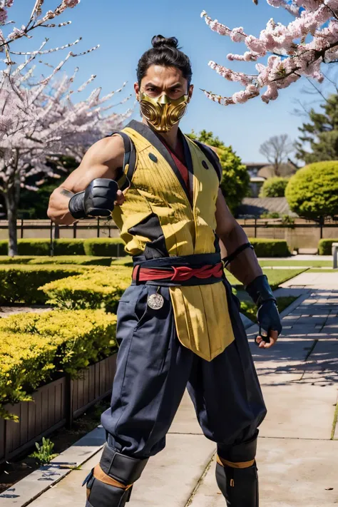 mkscorpion,man,black hair, single hair bun, mask, sleeveless, yellow japanese clothes, fingerless gloves, looking at viewer, serious, fighting pose, punching, fist, outside, garden, cherry blossoms, blue sky, high quality, masterpiece, <lora:ScorpionMK1:.8...