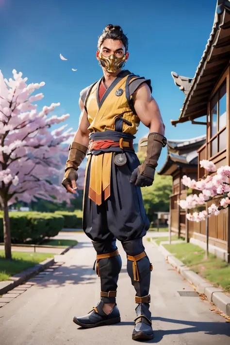 mkscorpion,man,black hair, single hair bun, mask, sleeveless, yellow japanese clothes, fingerless gloves, looking at viewer, happy, standing, full body shot, outside, temple, cherry blossom, blue sky, high quality, masterpiece, <lora:ScorpionMK1:.8>