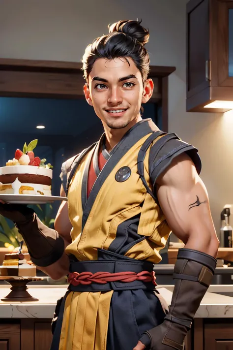 mkscorpion,man,black hair, single hair bun, sleeveless, yellow japanese clothes, fingerless gloves, looking at viewer, smiling, happy, teeth, upper body shot, standing, inside kitchen, holding plate of food, cake, counter, playful ambiance high quality, ma...