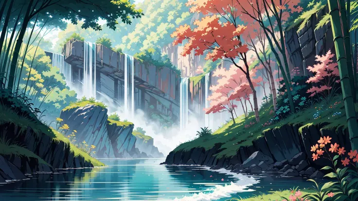 a painting of a waterfall in a forest with a waterfall in the background