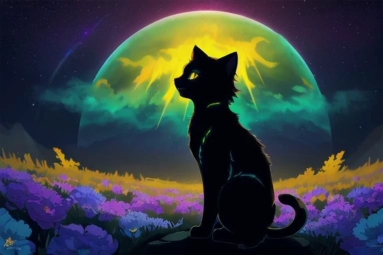 Fluffy cute kitten, (from side), (silhouette:1), profile, big hair, masterpiece, best quality, light particle, depth of field, field, scenery, fantasy, indigo light, (far away:1), cute cat, midriff, tribal sash, pastel colors, chromatic aberration, glow in...