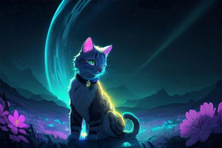 Fluffy cute kitten, (from side), (silhouette:1), profile, big hair, masterpiece, best quality, light particle, depth of field, field, scenery, fantasy, indigo light, (far away:1), cute cat, midriff, tribal sash, pastel colors, chromatic aberration, glow in...