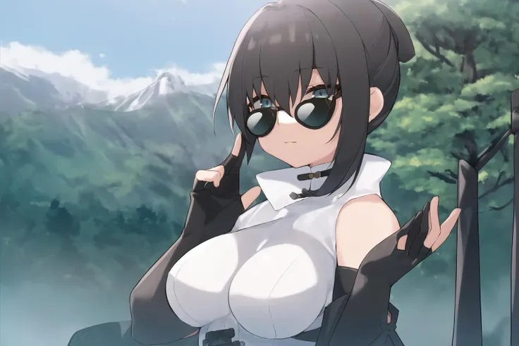 1girl, solo, upper body,   <lora:Glacier Sunglasses:1>, Glacier Sunglasses,  <lora:QinLiangyu:1>, liangyubase, thighhighs, medium breasts, fingerless gloves, cloudy sky, mountain, trees,