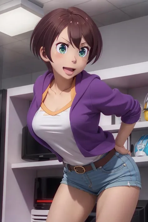 masterpiece, best quality, absurdres, perfect anatomy, cinematic lighting,  realistic anime, <lora:hajime-10:1> shinoda hajime, 1girl, solo, cowboy shot, collarbone, shirt, hoodie, looking at viewer, leaning forward, :d, open mouth, shorts,