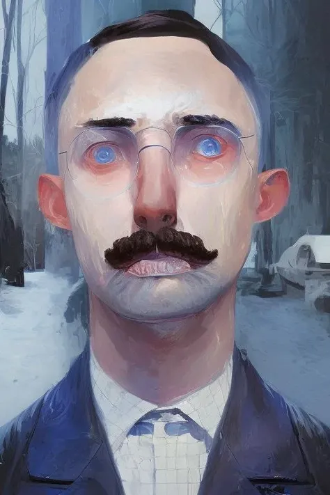 a painting of a man with a mustache and glasses in a city