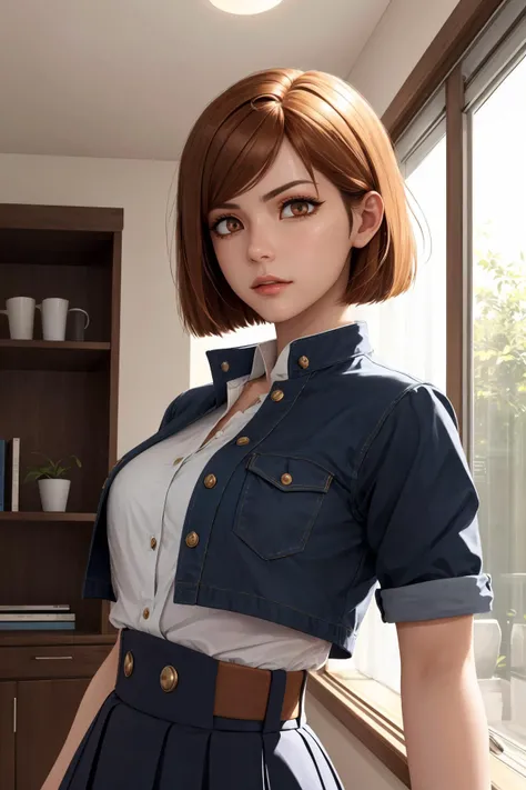 nobara kugisaki,  <lora:jjk_kugisaki:0.9>, houdini render, 8k uhd, raytracing, cgi, lumen reflections,  BREAK
kugisaki nobara, bob cut,  (brown eyes:1.5), orange-brown hair, short hair, smug, school uniform, cropped jacket, high-waist skirt, pantyhose, bre...