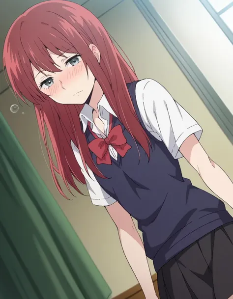 anime girl with red hair and blue shirt and black skirt