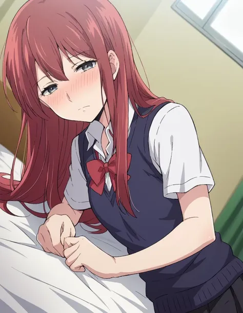 anime girl with red hair and school uniform sitting on a bed