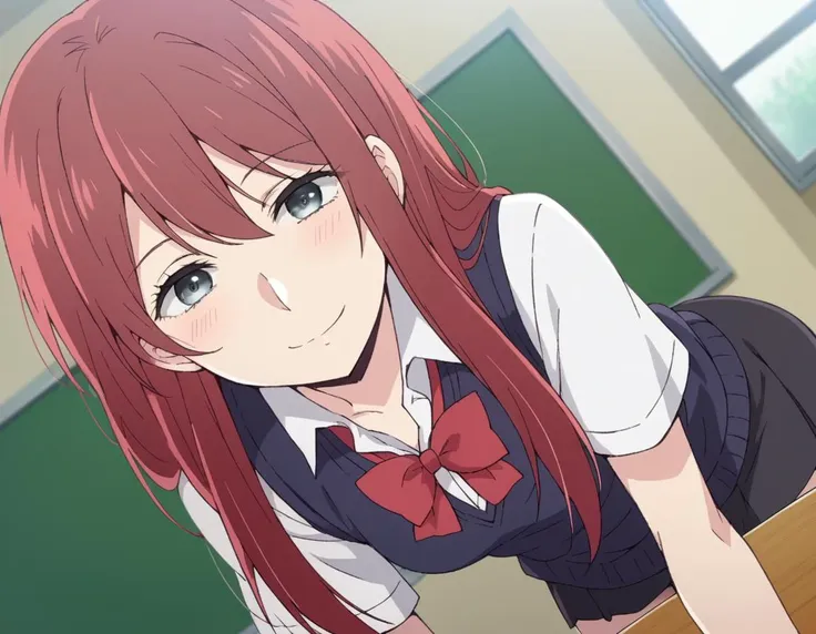 anime girl with red hair and blue eyes in a school uniform