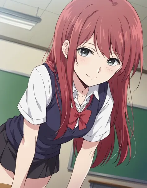 anime girl with red hair and school uniform leaning on a desk