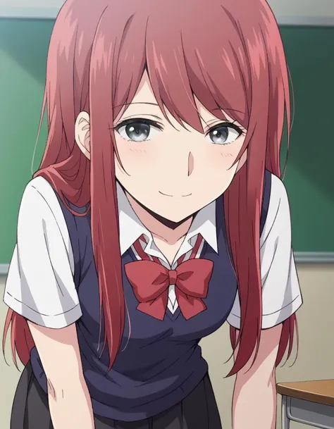 anime girl with red hair and a bow tie in a classroom