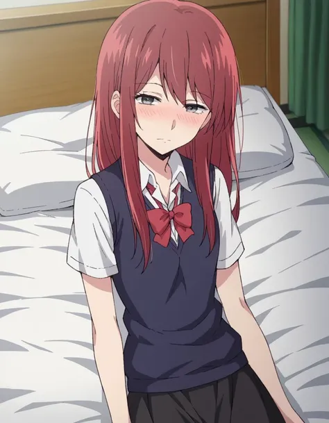 anime girl sitting on a bed with a red hair and a bow tie