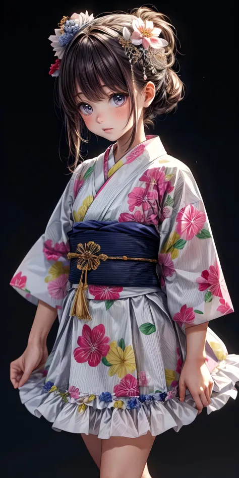 (masterpiece,ultra-detailed,best quality,8K,CG,illustration,shaved:1.0),(1girl:1) <lora:more_details:1>,simple background,
 <lora:yukata v1.0:0.5> jyojifuku, yukata, obi, hair ornament,skirt,frills