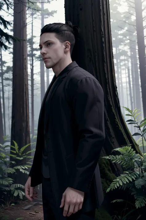 arafed image of a man in a black suit standing in a forest