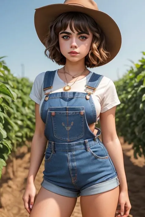 3d cartoon of maievska-600, short haircut pulled up, working on a farm with chicken,  wearing overalls ,  wide brim hat <lora:p3r3zstyle:0.6>