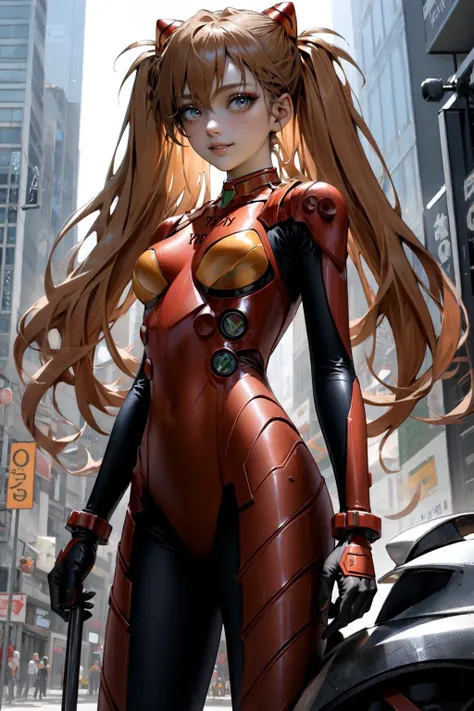 a close up of a woman in a red and black suit standing in a city