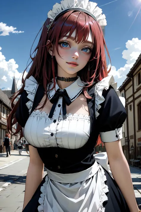 a close up of a woman in a maid outfit posing for a picture