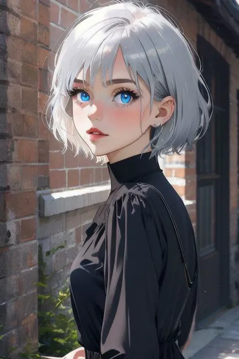 1 girl, silver hair, blue eyes, short hair, black dress, negative_hand