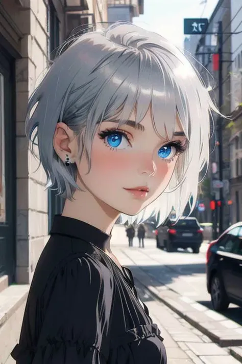 1 girl, silver hair, blue eyes, short hair, black dress, negative_hand