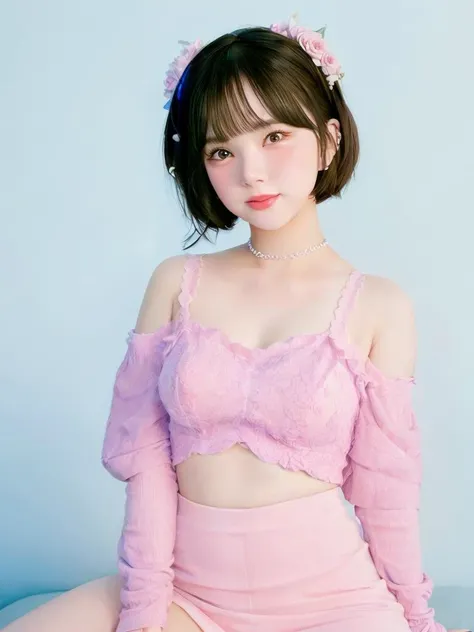 eunha sitting, choker, flower headband, short hair, hair bangs, half body, smiling, cute pose,armpits, arm up, 

, hyper realistic lifelike texture dramatic lighting unrealengine trending on artstation,award winning photo,nikon RAW photo,8 k,Fujifilm XT3,m...