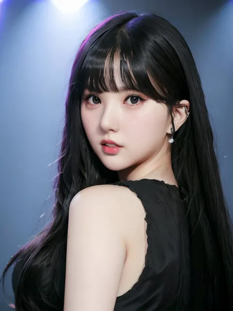 eunha in black dress, long hair, hair bangs, half body

, hyper realistic lifelike texture dramatic lighting unrealengine trending on artstation,award winning photo,nikon RAW photo,8 k,Fujifilm XT3,masterpiece, best quality, realistic, photorealistic,ultra...