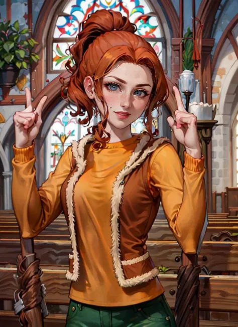 ((best quality)), ((highly detailed)), masterpiece, absurdres, detailed face, beautiful face, (detailed eyes, deep eyes), (1girl), dynamic pose, upper body, <lora:robin:1>, robin, orange hair, ponytail, green eyes, smiling, yellow sweater, vest, green pant...