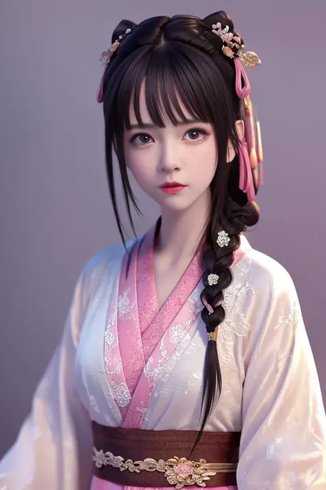 masterpiece, best quality, anime, highly detailed face, highly detailed eyes, highly detailed background, perfect lighting,
solo,blush,
upper body,realistic,
1girl,xiaojiu,black hair,pink hanfu,braid, jewelry,
standing ,looking at viewer,
simple background...