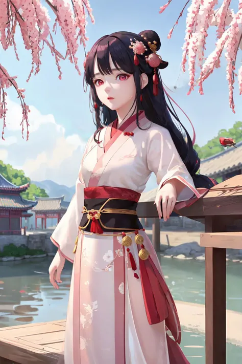 <lora:xiaojiu_20230709095058:0.6>,1girl,xiaojiu,pink hanfu,black hair,heterochromia,jewelry,blue eyes,red eyes,peach blossom tree background,riverside,later,