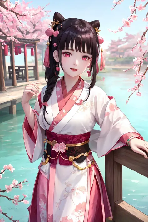 <lora:xiaojiu_20230709095058:0.6>,1girl,xiaojiu,pink hanfu,black hair,heterochromia,jewelry,peach blossom tree background,riverside,later,