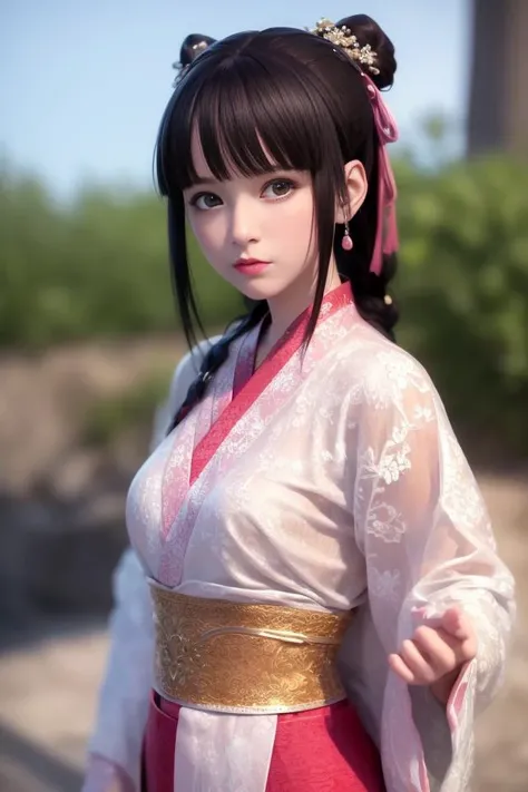 masterpiece, best quality, anime, highly detailed face, highly detailed eyes, highly detailed background, perfect lighting,
solo,blush,
upper body,realistic,
1girl,xiaojiu,black hair,pink hanfu,braid, jewelry,medium breasts,
standing ,looking at viewer,
si...