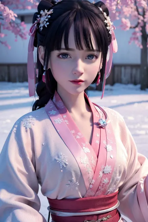 masterpiece,best quality,official art,extremely detailed CG unity 8k wallpaper,sunlight, shiny, pov,
detailed face, 1girl, cute,solo,looking at viewer,pink hanfu,face close up,
village, ((snowing, snowflakes)), standing,