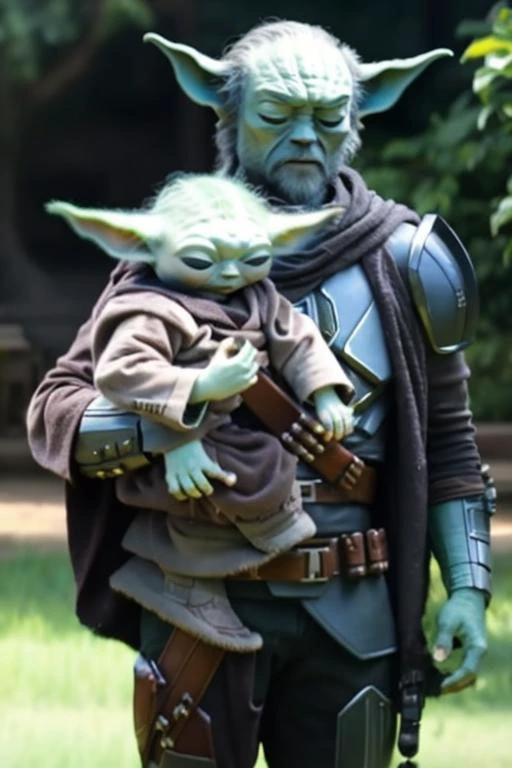 <lora:mandalorian:1>, mandalorean holding baby yoda