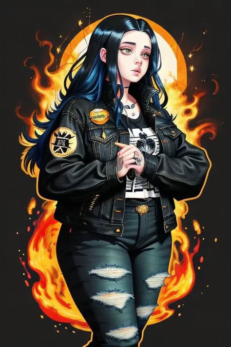 plus sized goth girl with long flame hair wearing black denim jacket with patches holding a fluffy striped calico cat