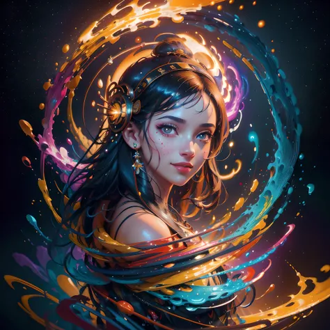 masterpiece, best quality, ultra high res, 1girl, (abstract art:1.4), bleeding color, visually stunning, beautiful, evocative, emotional, front view, style-paintmagic, long hair, smiling, mouth closed, dark background with one big vortex of paint, cosmos, ...