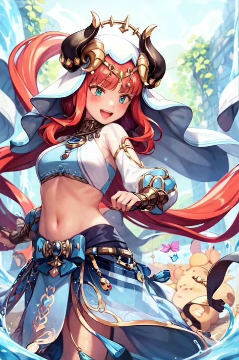 masterpiece, best quality,
1girl, :d,
dutch angle
dynamic pose,
dancing, moving rapidly,
beautiful, elegant,
<lora:nilouGenshinImpact_v10:1.1:MIDD> nilou (neither flower nor mist) (genshin impact), aqua eyes, fake horns, red hair, long hair, crop top, jewe...