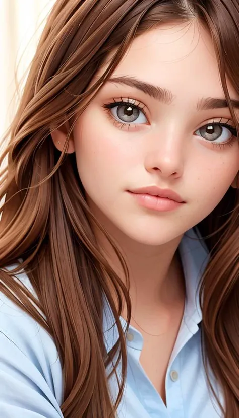 a close-up headshot photo of a young woman, thylane, long brown hair, wearing a shirt , <lora:thylane-000030:0.4>, hazel eyes