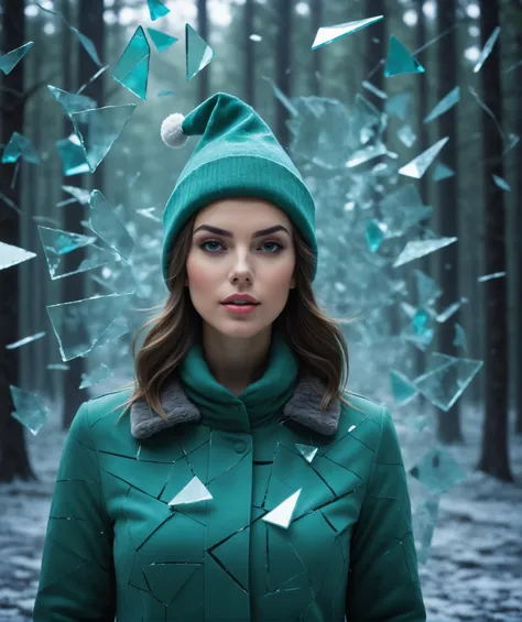 long exposure shot, of a beautiful girl in a green santa hat and warm coat crossing throw the transparent glass mirror, focus on a mirror, glass,crack,broken glass, cracked glass, cold blue colors, electric waves, magic atmosphere, (perfectly drawing hand)...