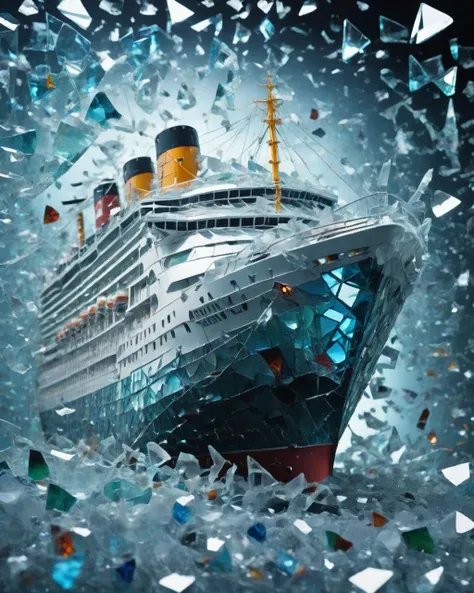 behance, Dutch angle shot of a Serbian Cruise ship, Icy, detailed, masterpiece, 35mm, hyperdetailed, <lora:Made_of_pieces_broken_glass_v2:1> Made_of_pieces_broken_glass, glass, shards, broken glass, transparent glass, pieces of glass