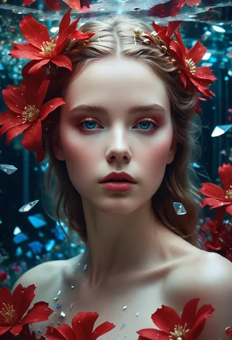 a woman with red flowers in her hair and a blue dress