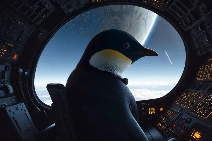 absurdres, 8k, mysterious, excellent shot composition, well framed photograph, photorealistic, atmospheric reentry, (inside cockpit of futuristic aircraft:1.2), outdoors, (penguin in pilots hat), extremely high altitude, curvature of space earth visible, e...