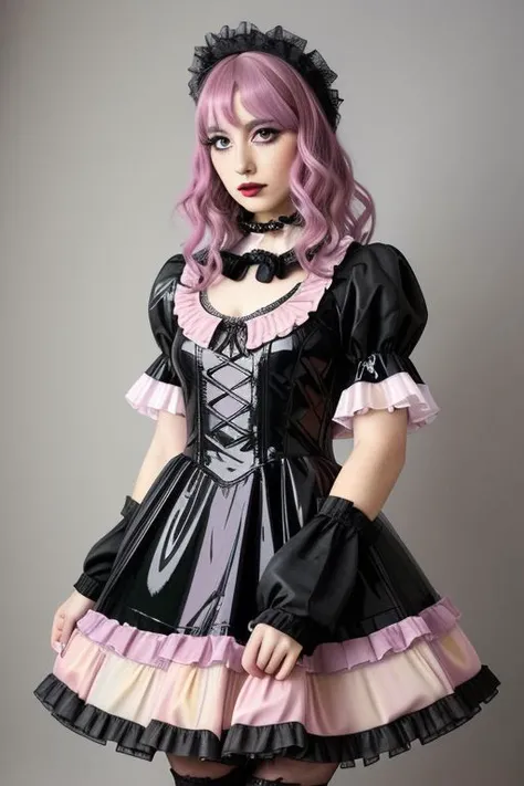 (glossy pastel goth lolitafashion:1.3), masterpiece, best quality, professional detailed (medium shot) photo of (beautiful adult woman) wearing (glossy intricate pastel goth lolitadress, multilayered dress:1.2), (shiny glossy translucent clothing, gleaming...