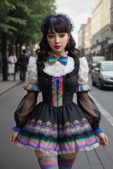 (lolitafashion:1.3), masterpiece, best quality, professional detailed (medium shot) photo of (beautiful adult woman) wearing (intricate rainbow lolitadress, multilayered dress:1.2), (shiny glossy translucent clothing, gleaming oily fabric :1.1), (perfect f...