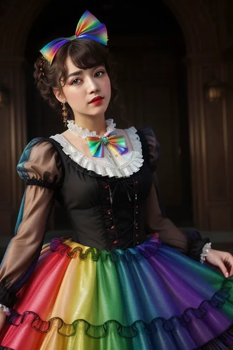 (lolitafashion:1.3), masterpiece, best quality, professional detailed (medium shot) photo of (beautiful adult woman) wearing (intricate rainbow lolitadress, multilayered dress:1.2), (shiny glossy translucent clothing, gleaming oily fabric :1.1), (perfect f...