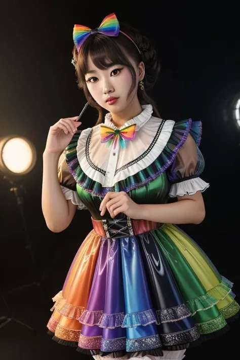 (rainbow theme, lolitafashion:1.3), masterpiece, best quality, professional detailed (medium shot) photo of (beautiful Asian woman) wearing (intricate rainbow lolitadress, multilayered dress:1.2), (shiny glossy translucent clothing, gleaming oily fabric :1...